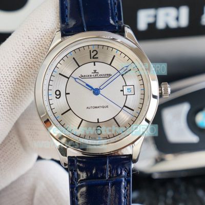 Copy Jaeger-LeCoultre Master Date Watch Silver Dial Blue Leather Strap 39MM